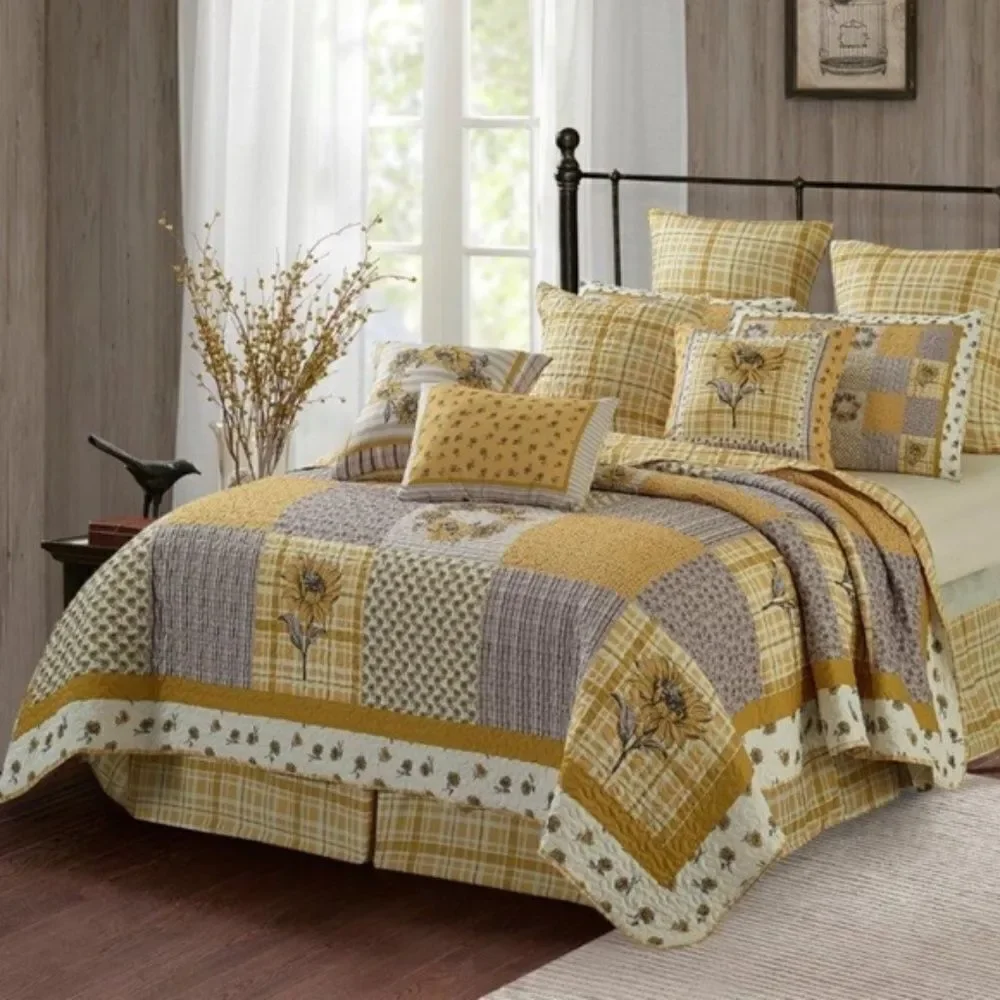 Farmhouse Sunflower Garden Patchwork KING Printed Quilt Set Sunshine Cottage